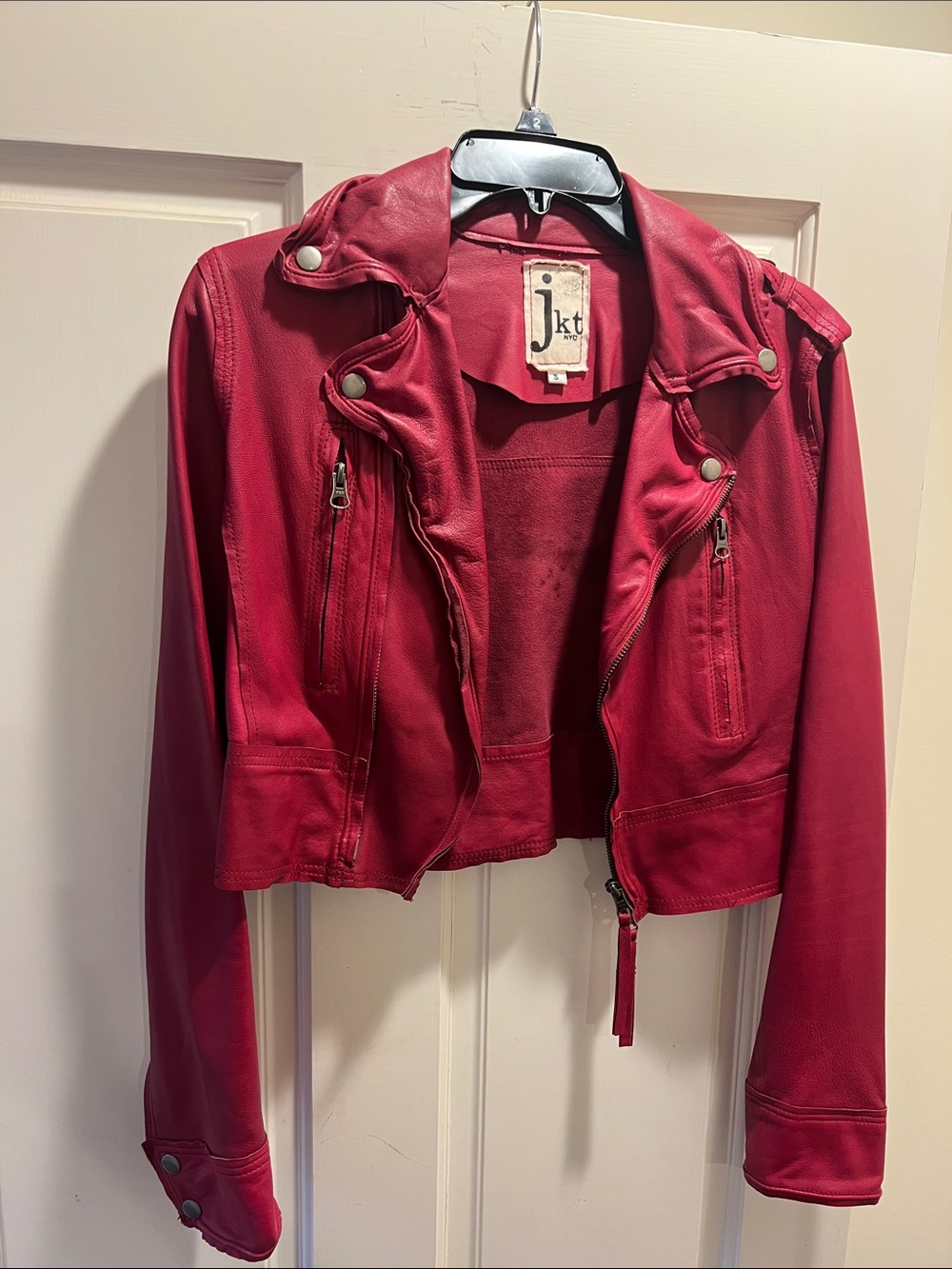JKT Red Cropped Leather Moto Jacket - Classic Women's Biker Style